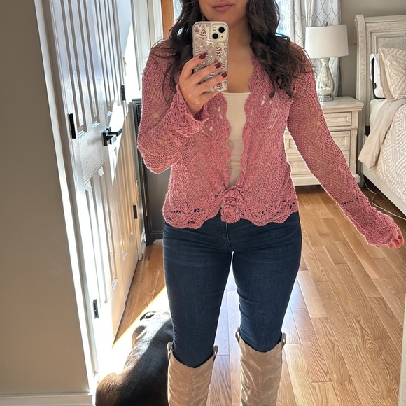 Cami Women’s Dusty Pink Crochet Sweater Cardigan With Rose Button Size XL - Picture 1 of 6